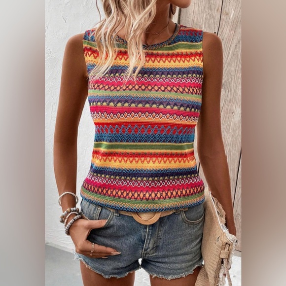 NWT Multicolored Ethnic Wavy Pattern Round Neck Sleeveless Tank Top S M L X L - Picture 5 of 13